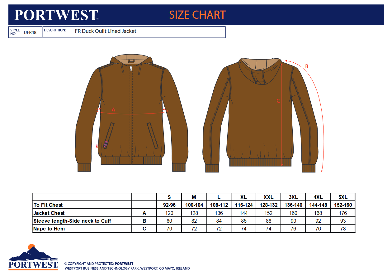 UFR48 Portwest® DuraDuck Flame Quilt Lined Jackets -  Size Guide